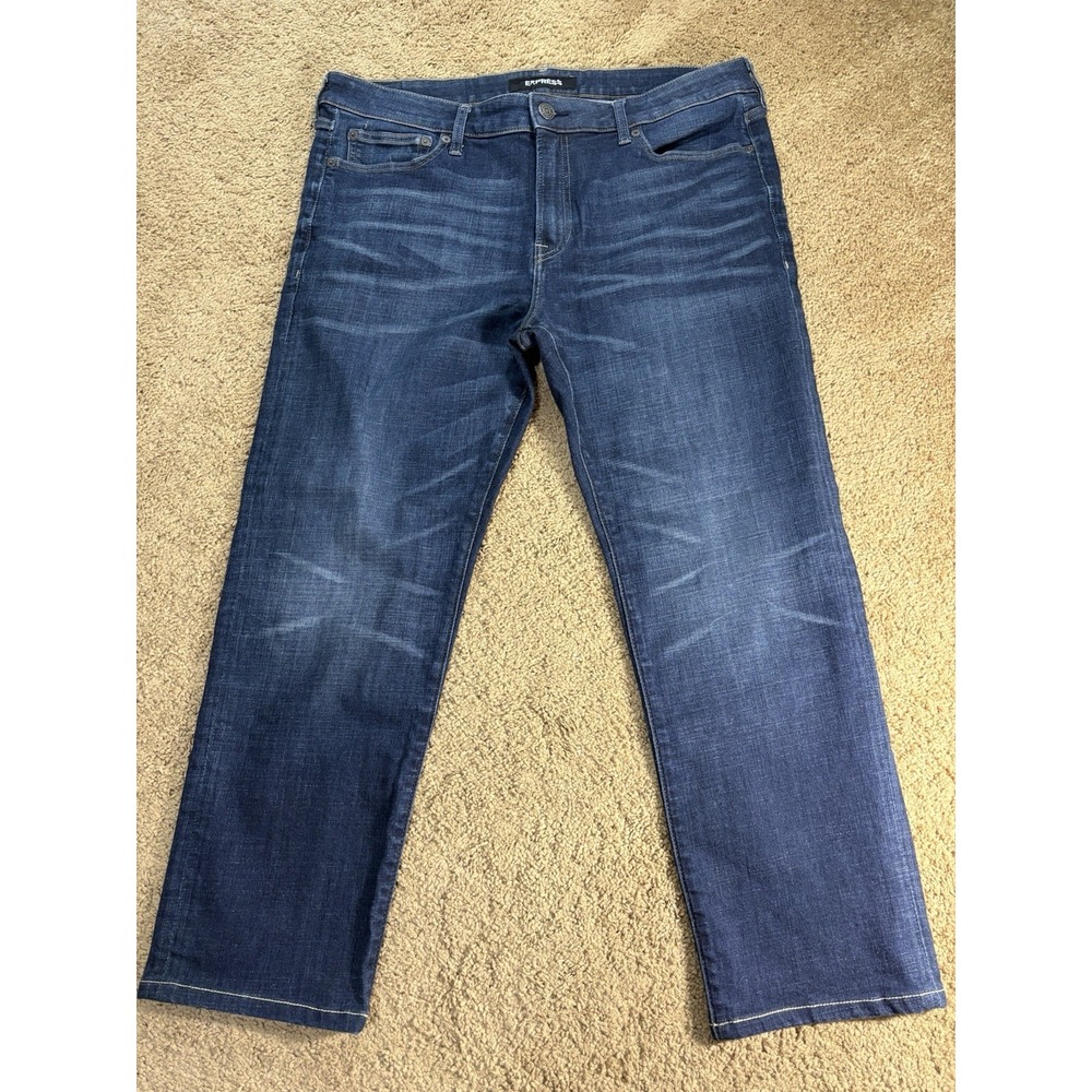 Express Jeans Men 36x30 Slim Straight Stretch Mid Rise Dark Blue Denim Preppy